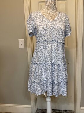 J. Crew Light Blue Floral Tiered Midi Dress